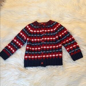 Joe Fresh Red and Navy Patterned Cardigan fall winter Holiday outfit